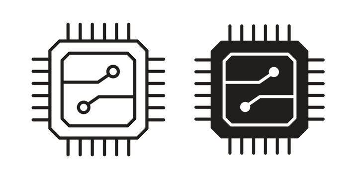Computer microprocessor icon clipart symbol isolated on white background. Flat and stroke designs.