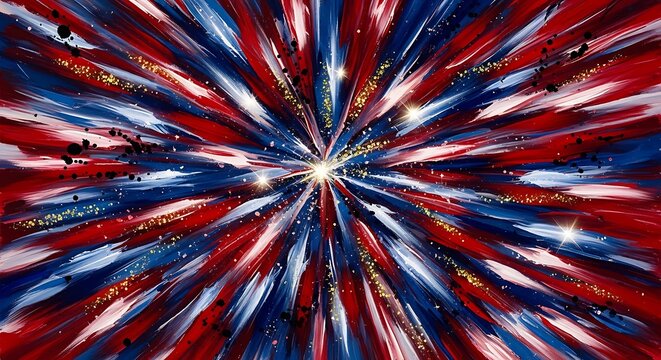 Abstract explosion of red blue and white paint strokes with sparkling gold glitter and black ink