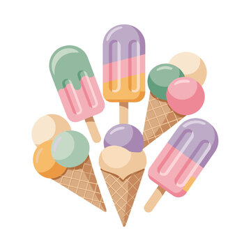Colorful assortment of ice cream treats, cones, and popsicles.