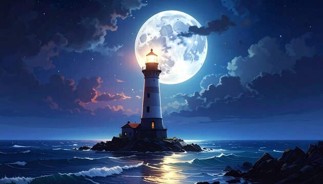 A serene lighthouse on a rocky island under a full moon (3)