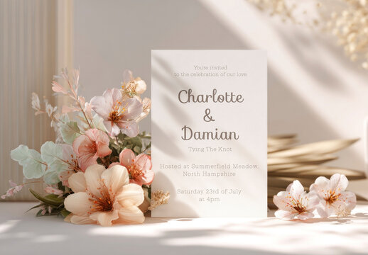 Elegant Floral Wedding Invitation Card Mockup PSD
