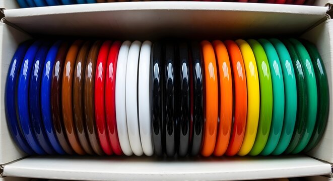 A vibrant collection of glossy, traditional Indian glass bangles meticulously arranged in a long, horizontal row, showcasing a beautiful spectrum of rainbow colors, creating an eye-catching display of