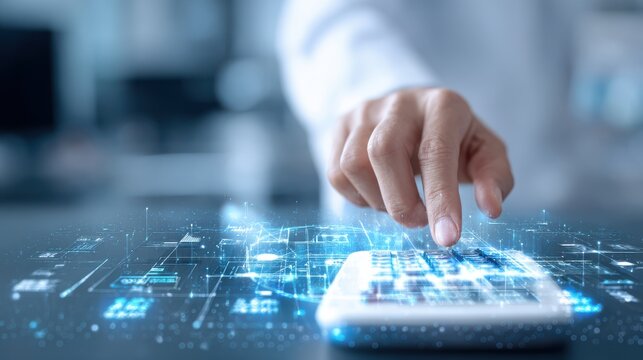 HR department conducting payroll calculations with futuristic on blurred background