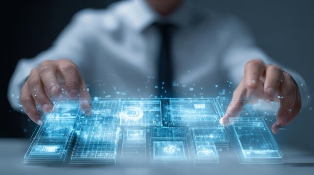 HR department conducting payroll calculations with futuristic on blurred background