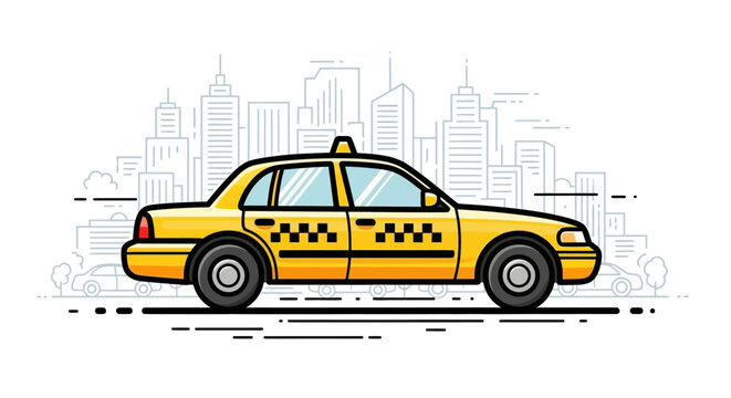 Yellow taxi cab in front of city skyline illustration