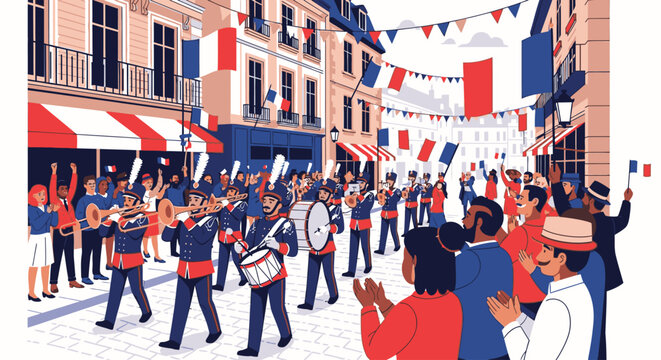 Illustration of a marching band performing on a festive street with a diverse crowd and French flags in a vibrant, celebratory atmosphere.