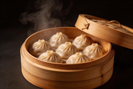 Steaming dumplings in bamboo steamer