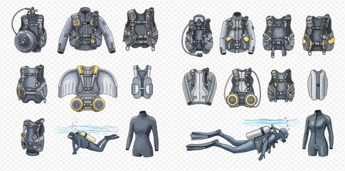Collection of diving equipment and scuba gear for underwater exploration and recreation. © studio