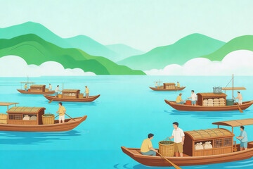 Fototapeta premium Boats with People on Calm River in Mountainous Area