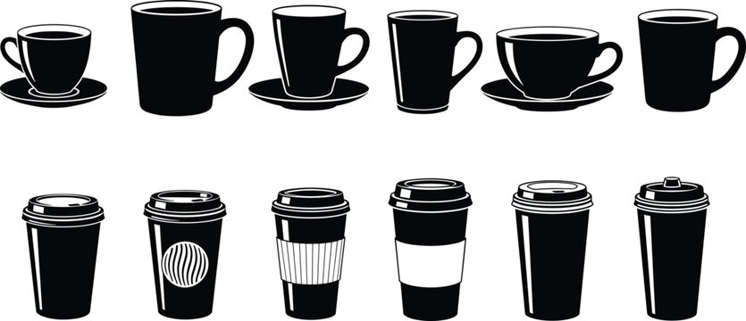 Collection of twelve coffee cup silhouettes featuring ceramic mugs with saucers and disposable takeaway cups with lids, showcasing diverse beverage designs