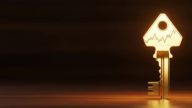 Golden key with rising stock chart graph