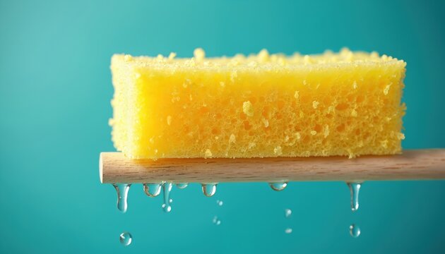 Yellow sponge with water drops hangs from wooden stick. Porous textured cleaning tool is wet against bright teal background. Macro shot shows detail.