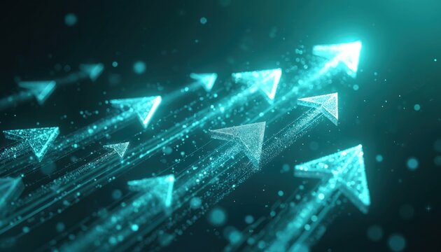 Bright teal arrows formed by particles move upward with light trails. Digital particles create sense of speed and progress in dark abstract space. Represents forward motion and digital transformation.