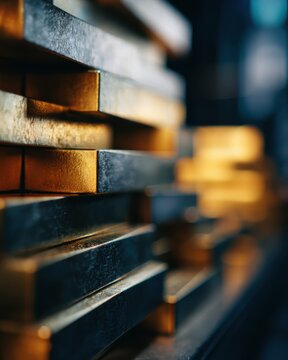 Close-up of stacked steel bars with warm light, industrial metal texture background