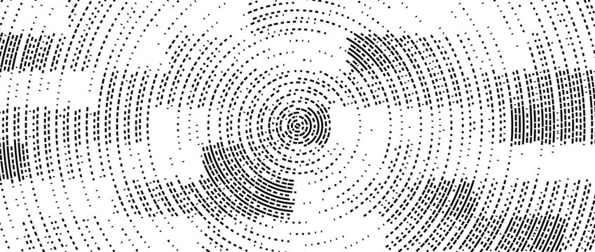 Abstract radial pixelated halftone pattern. Circular pixel explosion background. Rotating scattered dot dashed texture overlay bg. Vector radial spinning backdrop. Fading rectangle fragment wallpaper