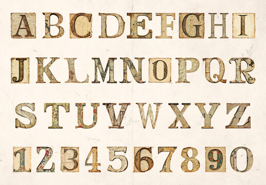 Vintage Map Alphabet And Numbers Design Font Set