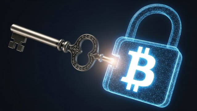 Key Unlocking Blue Digital Padlock with Bitcoin Logo