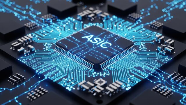 Blue Computer Chip with ASIC Label on Circuit Board