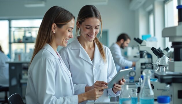Two female scientists in white coats discuss research results on a tablet in a modern lab. Colleagues work with microscopes and glassware in background. Team analyzes data on digital screen.