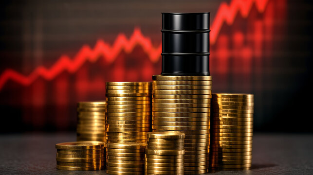 Oil Barrel and Stacked Coins: A symbolic representation of financial fluctuations, featuring a stack of coins topped by an oil barrel against a backdrop of a declining red line.