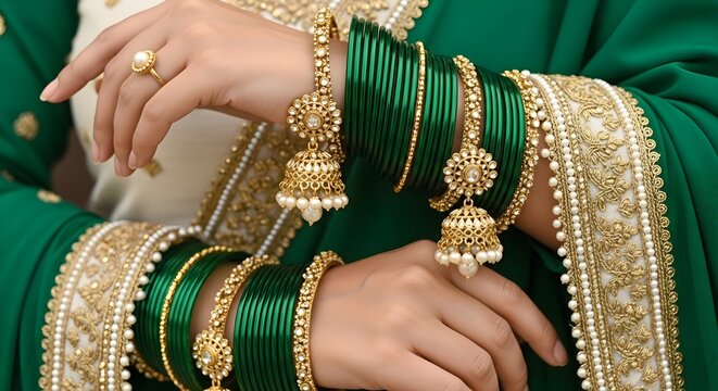 Close-up of a woman's hands adorned with traditional Indian green glass bangles and golden jhumka earrings, showcasing elegant bridal or festive jewelry.