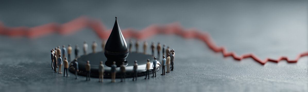 Oil Drop Surrounded by People: A visual metaphor where miniature figures encircle a sleek, glossy oil drop. The composition hints at issues related to energy, economics.