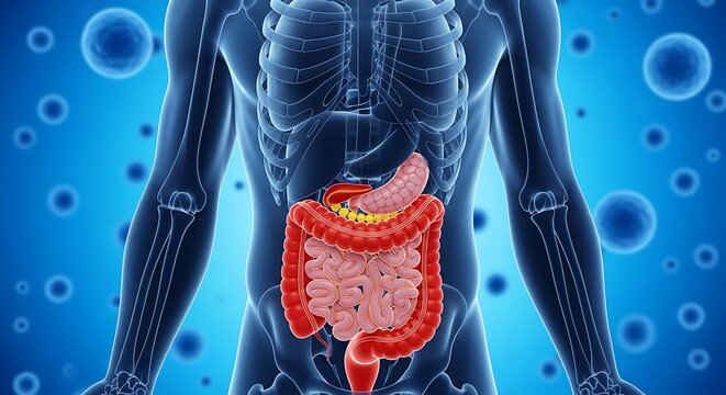A detailed 3d medical illustration of the human digestive system with internal organs highlighted