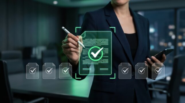 Businesswoman signing digital document with stylus in modern office for corporate compliance and esignature technology solutions