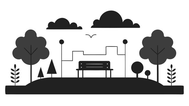 Black silhouette of a park landscape with a bench lampposts and varied tree shapes on a curved mound against a plain white background surface.