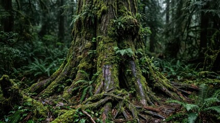 Obraz premium Ancient Old Growth Tree Trunk with Green Moss and Ferns in Lush Temperate Rainforest for Sustainability Marketing