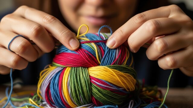 Fingers Loosening Tight Knot in Colorful Wool
