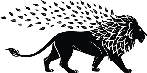 Majestic black lion vector illustration with a flowing mane of leaves, symbolizing nature, strength, and organic growth, ideal for branding and eco-friendly designs © sm.vector