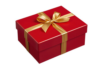 Fototapeta premium Red gift box with golden ribbon and bow. Celebrating holidays, birthdays, anniversaries, and special moments with presents
