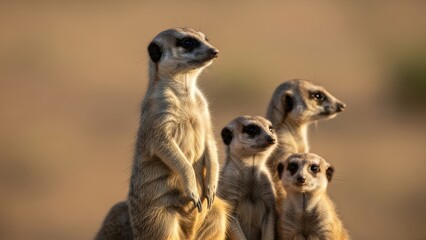 Fototapeta premium Group of Meerkats Standing Alert on Mound