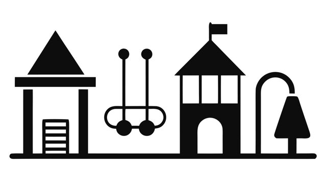 A horizontal black silhouette illustrates a collection of playground structures like a playhouse and gymnastic rings on a baseline against white.