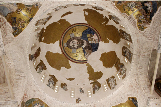 Christ Pantocrator mosaic dome August 2024 Byzantine ceiling of Daphni Monastery Moni Dafniou in Athens