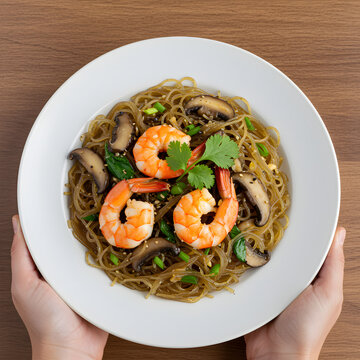 A white plate of stir-fried glass noodles with shrimp, mushrooms, and cilantro is presented by two hands against a wooden background.