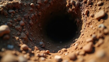 Fototapeta premium Close-up of brown soil texture with clear insect tunnel entrance. Dirt ground shows pebbles and small rocks forming the cavity opening. Natural underground passage is dark and deep.