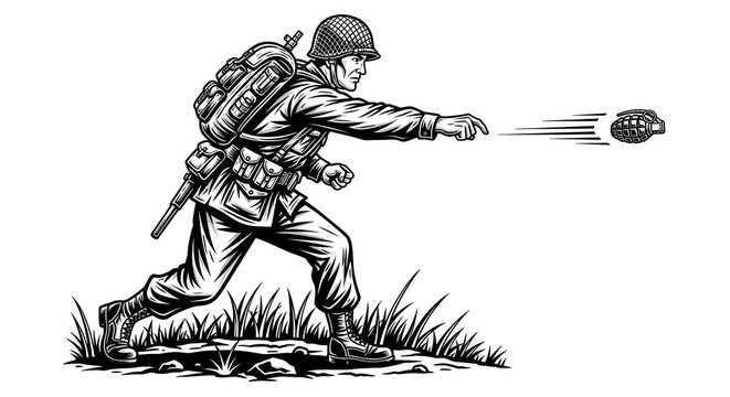 A soldier throws a grenade on a battlefield in a war zone.