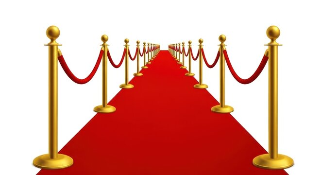 A red carpet pathway is lined with golden stanchions and velvet ropes at a formal event entrance.