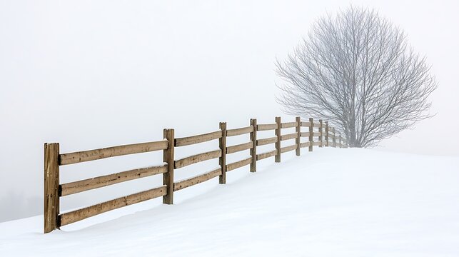 Snowy Landscape with Wooden Fence and Bare Tree in a Foggy Winter Atmosphere