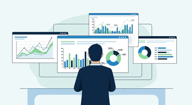 Analyst viewing business data charts and graphs on multiple screens