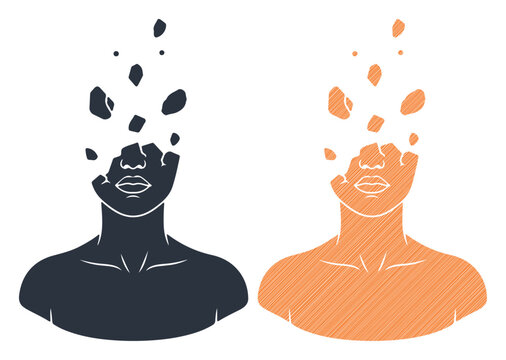 Abstract concept of a person's head fragmenting into pieces, symbolizing change or transformation