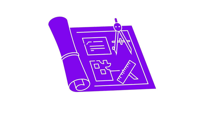 Purple blueprint with rolled paper.