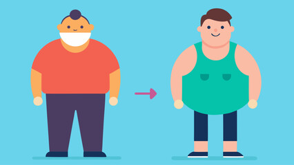 Fototapeta premium A purple arrow points from a larger cartoon man wearing a red shirt to a thinner man wearing a green tank top on a blue background.