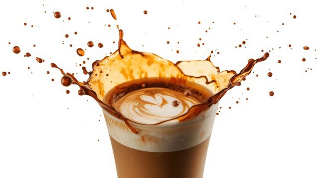 Coffee and milk splash crown with latte art, morning beverage