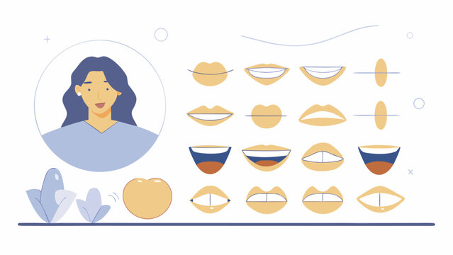 Young woman with blue hair and a lavender shirt is next to a grid of sixteen different mouth and lip animation frames on a white background.