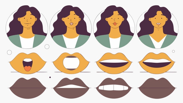 Four female character avatars with different expressions are shown above eight large mouth animation frames on a light grey background.
