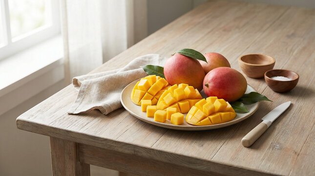 Sliced Irwin Mango With Whole Fruits On Plate