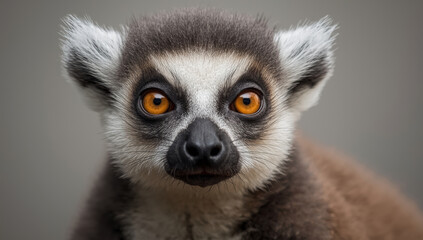 Fototapeta premium Ring tailed lemur close up portrait with vivid orange eyes and soft fur expression